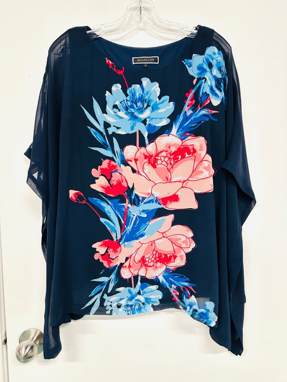 Melanie Lyne Navy Floral Sheer Overlay Top Size 14 Flowy Resort Cruisewear